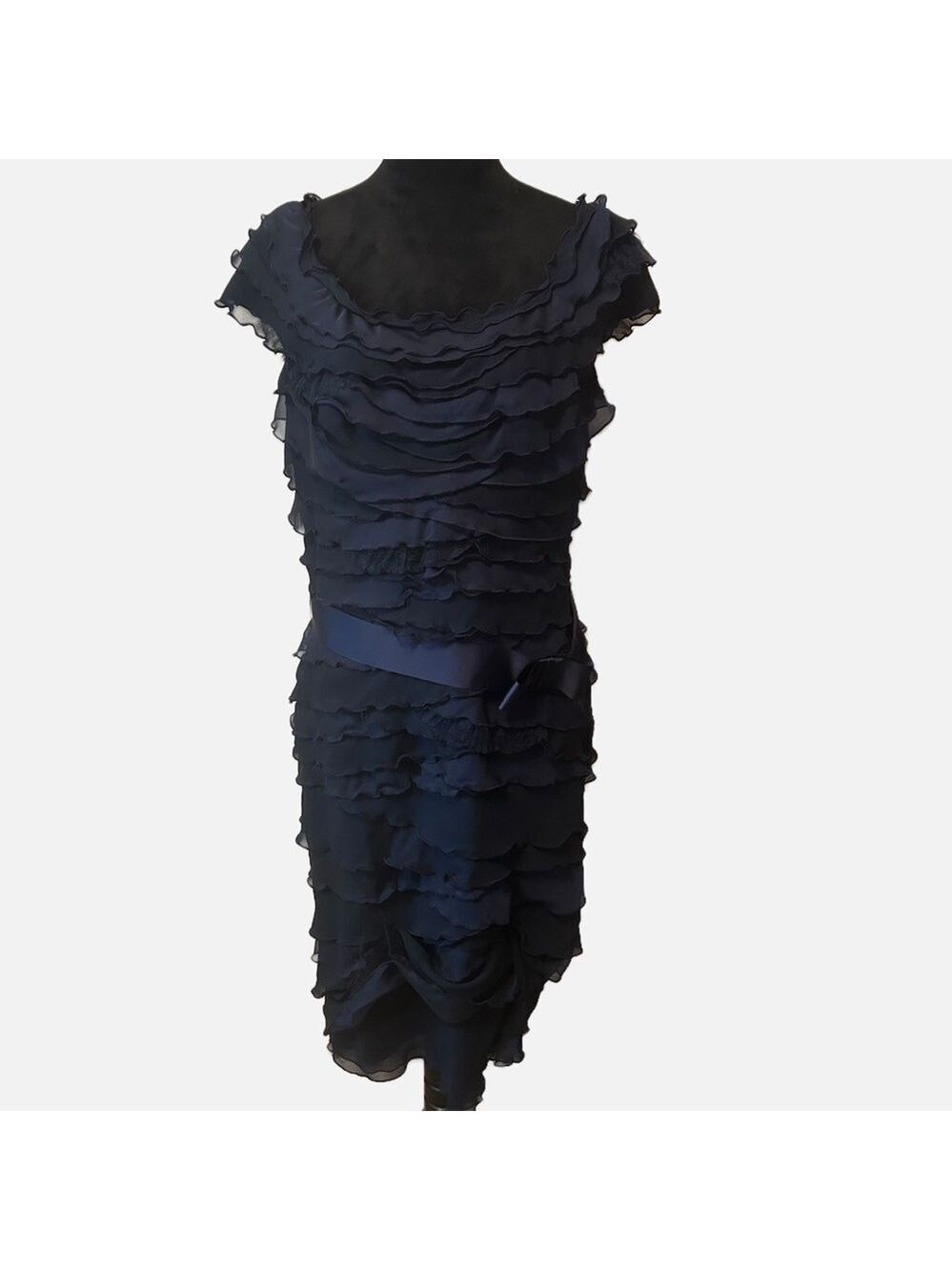 NEW Tadashi Shoji Women Tiered Ruffle Midi Dress Blue Cowl Neck 14 Sleeveless